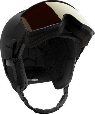 Schwarzer Salomon Skihelm mit Visier und verstellbarem Riemen. Schwarzer Salomon Skihelm mit Visier und verstellbarem Riemen.