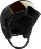 Schwarzer Salomon Skihelm mit Visier und verstellbarem Riemen.