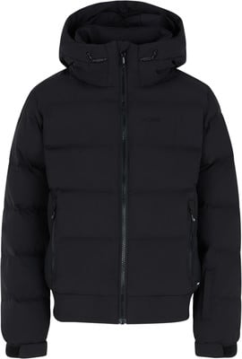 Schwarze Daunenjacke mit Kapuze und Markenlogo auf der Brust.