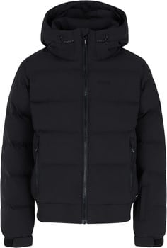 Schwarze Daunenjacke mit Kapuze und Markenlogo auf der Brust.