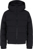 Schwarze Daunenjacke mit Kapuze und Markenlogo auf der Brust.