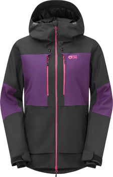 Eine Skijacke mit violetten und schwarzen Einsätzen und rosa Reißverschlüssen.