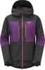 Eine Skijacke mit violetten und schwarzen Einsätzen und rosa Reißverschlüssen.