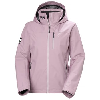 Egy rózsaszín Helly Hansen dzseki kapucnival és logóval a mellkasán.