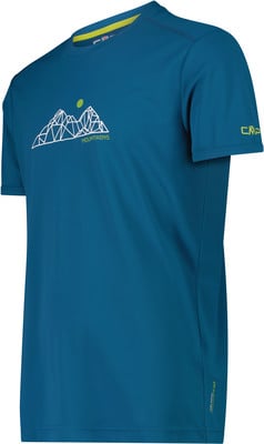 Blaues T-Shirt mit Bergmotiv, Schriftzug Mountains und CMP-Logo. Blaues T-Shirt mit Bergmotiv, Schriftzug Mountains und CMP-Logo.