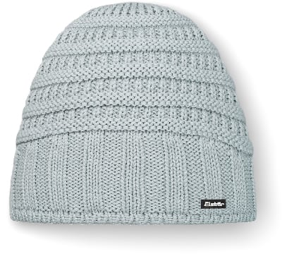 Graue Strickmütze mit Rippenmuster und Eistör-Logo.
