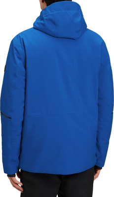 Rückansicht eines Mannes in einer blauen Winterjacke mit Kapuze. Rückansicht eines Mannes in einer blauen Winterjacke mit Kapuze.