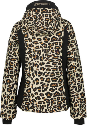 Rückseite einer Leopardenjacke mit schwarzen Streifen und Markenlogo. Rückseite einer Leopardenjacke mit schwarzen Streifen und Markenlogo.