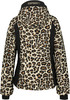 Rückseite einer Leopardenjacke mit schwarzen Streifen und Markenlogo.