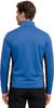 Rückansicht einer blauen Fleecejacke mit schwarzen Seitenteilen.