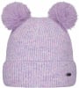 Eine lila Strickmütze mit zwei Bommeln und Streifenmuster.
