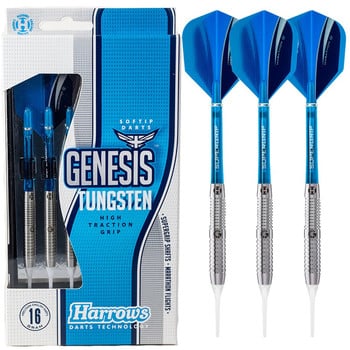 Harrows Genesis Tungsten Dartset mit blauen Flights und hohem Grip.