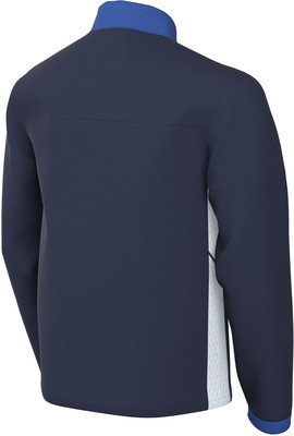 Rückansicht einer dunkelblauen Jacke mit blauem Kragen und weißem Seitenteil. Rückansicht einer dunkelblauen Jacke mit blauem Kragen und weißem Seitenteil.