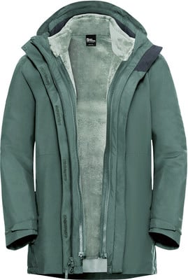 Grüne Winterjacke mit Kapuze und Fellfutter, Reißverschluss und Klettverschluss. Grüne Winterjacke mit Kapuze und Fellfutter, Reißverschluss und Klettverschluss.