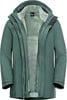 Grüne Winterjacke mit Kapuze und Fellfutter, Reißverschluss und Klettverschluss.
