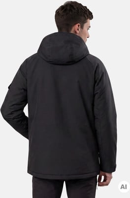 Ein Mann in einer schwarzen Kapuzenjacke, Rücken zum Betrachter. Ein Mann in einer schwarzen Kapuzenjacke, Rücken zum Betrachter.