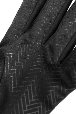 Schwarze Handschuhe mit Fischgrätenmuster und glänzenden Details. Schwarze Handschuhe mit Fischgrätenmuster und glänzenden Details.