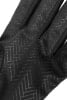 Schwarze Handschuhe mit Fischgrätenmuster und glänzenden Details.