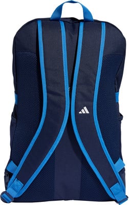 Dunkelblauer Rucksack mit blauen Trägern und Adidas-Logo. Dunkelblauer Rucksack mit blauen Trägern und Adidas-Logo.