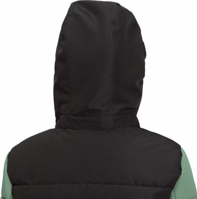 Rückansicht einer Kapuzenjacke in Schwarz und Grün. Rückansicht einer Kapuzenjacke in Schwarz und Grün.
