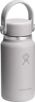 Graue Hydro Flask Flasche mit Griff und Logo.