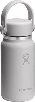 Graue Hydro Flask Flasche mit Griff und Logo.