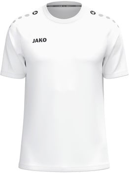 Weißes T-Shirt mit kurzen Ärmeln und schwarzem JAKO-Logo auf der Brust.