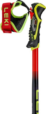 Ein Skistock mit rotem Griffband und Leki-Schlaufe sowie gelb-schwarzem Griff. Ein Skistock mit rotem Griffband und Leki-Schlaufe sowie gelb-schwarzem Griff.