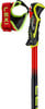 Ein Skistock mit rotem Griffband und Leki-Schlaufe sowie gelb-schwarzem Griff.