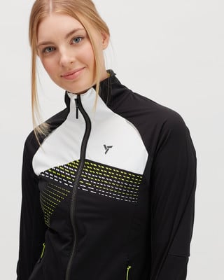 Dámská černobílá bunda se žlutými detaily a geometrickým potiskem. Dámská černobílá bunda se žlutými detaily a geometrickým potiskem.