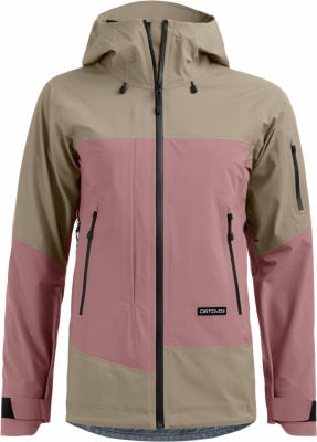 Damenjacke von ORTOVOX mit Kapuze, rosa und beige, mit schwarzen Reißverschlüssen. Damenjacke von ORTOVOX mit Kapuze, rosa und beige, mit schwarzen Reißverschlüssen.