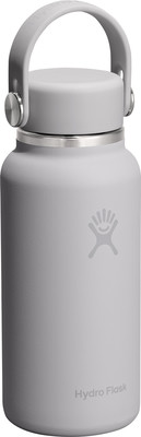 Graue Hydro Flask Flasche mit Griff und Logo. Graue Hydro Flask Flasche mit Griff und Logo.
