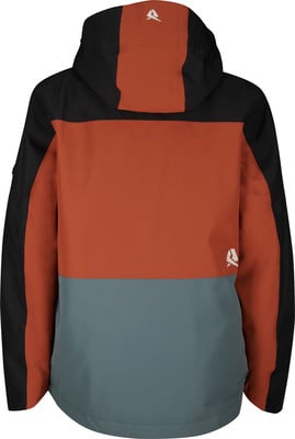 Rückseite einer Jacke mit Farbblockdesign in Schwarz, Orange und Grau.
