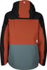 Rückseite einer Jacke mit Farbblockdesign in Schwarz, Orange und Grau.