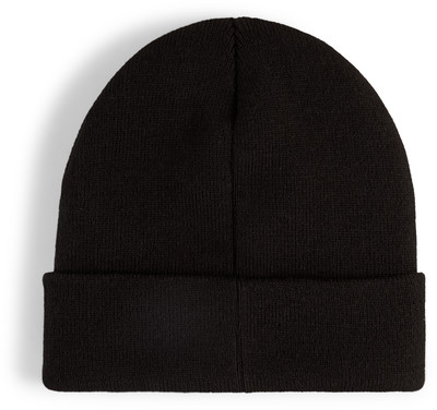 Eine schwarze Strickmütze mit umgeschlagener Krempe, von oben auf weißem Hintergrund gezeigt. Eine schwarze Strickmütze mit umgeschlagener Krempe, von oben auf weißem Hintergrund gezeigt.