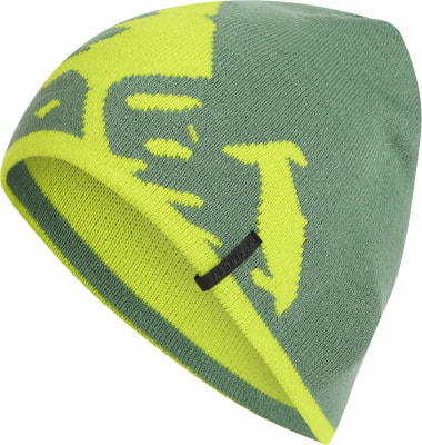 Grüne Strickmütze mit auffälligem neongelbem Muster und McKinley-Logo.