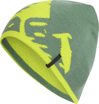 Grüne Strickmütze mit auffälligem neongelbem Muster und McKinley-Logo.