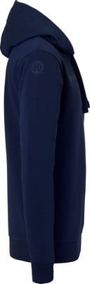 Dunkelblaue Kapuzenpullover mit Logo auf dem linken Ärmel. Dunkelblaue Kapuzenpullover mit Logo auf dem linken Ärmel.