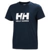 Sötétkék Helly Hansen póló fehér logóval a mellkasán.