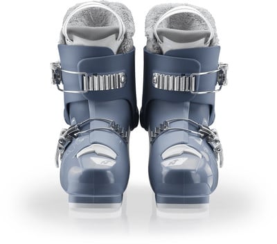 Vorderansicht eines Paares blauer Skischuhe mit Schnallen und Fellbesatz.