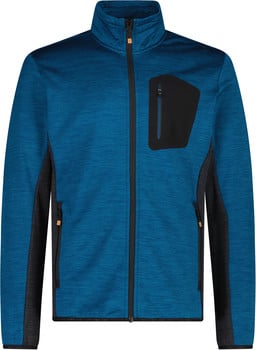 Blaue Herren-Fleecejacke mit schwarzer Reißverschlusstasche und anthrazitfarbenen Seiten.