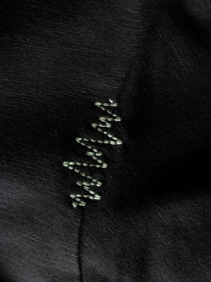 Detail eines schwarzen Stoffes mit einem feinen grünen Stickmuster, das an DNA erinnert. Detail eines schwarzen Stoffes mit einem feinen grünen Stickmuster, das an DNA erinnert.