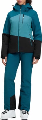 Damen-Skijacke und Hose in Dunkelblau mit schwarzen Akzenten.