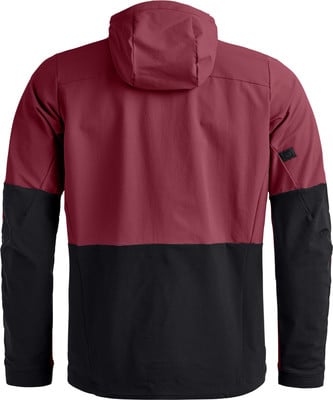 Rückansicht einer dunkelroten Jacke mit schwarzen Ärmeln und Unterteil. Rückansicht einer dunkelroten Jacke mit schwarzen Ärmeln und Unterteil.
