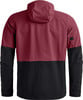 Rückansicht einer dunkelroten Jacke mit schwarzen Ärmeln und Unterteil.