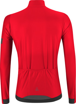 Rotes Langarm-Fahrradtrikot mit drei Rückentaschen.