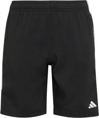 Schwarze Adidas Herrenshorts mit weißen Streifen und Logo. Schwarze Adidas Herrenshorts mit weißen Streifen und Logo.