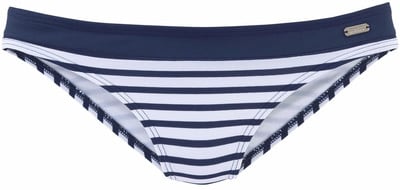 Damen-Badeanzug mit Streifen, dunkelblauem Bund und kleinem Logo. Damen-Badeanzug mit Streifen, dunkelblauem Bund und kleinem Logo.