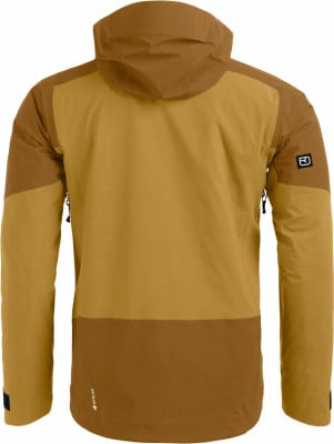 Rückansicht einer braunen Herrenjacke mit Kapuze und Logo. Rückansicht einer braunen Herrenjacke mit Kapuze und Logo.