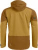 Rückansicht einer braunen Herrenjacke mit Kapuze und Logo.